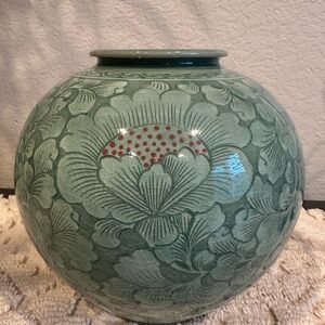 Korean Celadon Vase Floral Carving Elegant Home Decor vintage